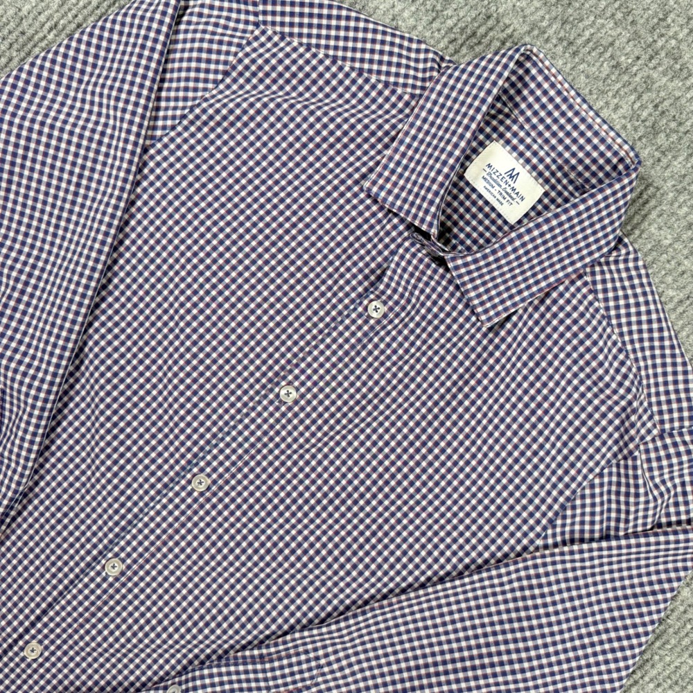 Mizzen+Main Mens Trim Fit Gingham Performance Dress Shirt Navy Red Size Medium